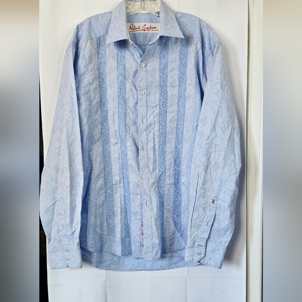 Robert Graham men's blue floral‎ print flip cuff dress shirt size 2xl